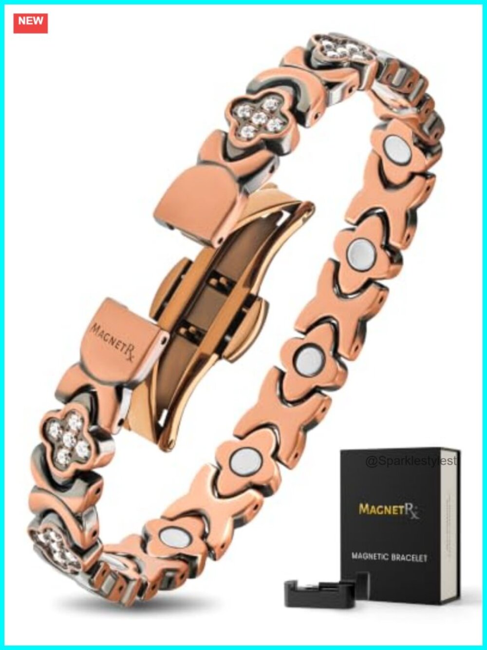 Pure Copper Magnetic Bracelet CZ Four-Leaf Clover Adjustable Gift for Her